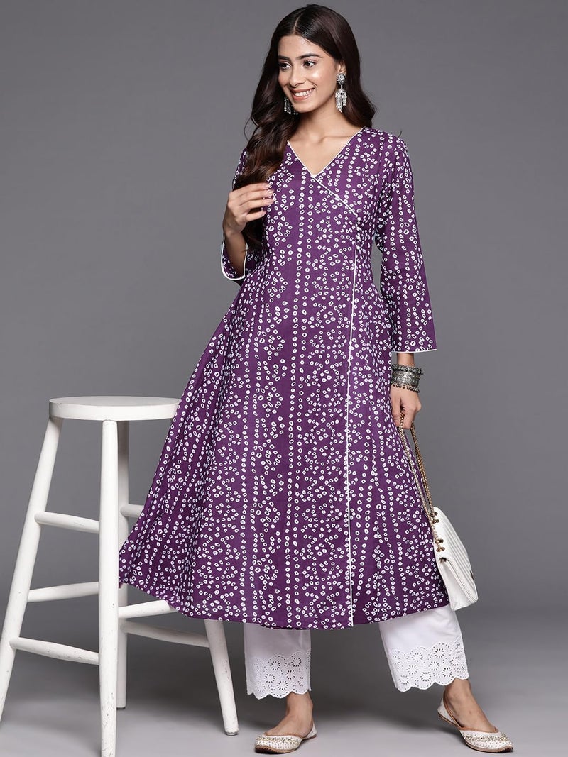 Varanga Women Purple V-Neck Bandhani Print Angrakha Style Anarkali Kurta with Piping Detail for Traditional (Medium) - Image 5