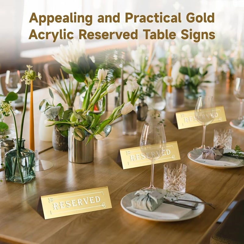 Gold Mirror Acrylic Reserved Table Signs with White Fonts Floral Border for Weddings Events - Image 4