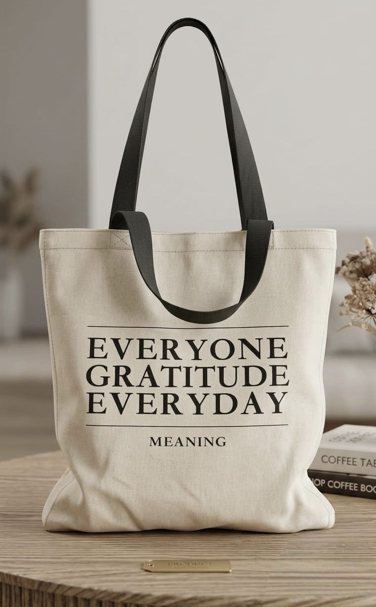 تتميز حقيبة "التوت" (Tote Bag) بنص أسود بارز يعرض عبارة "EVERYONE GRATITUDE EVERYDAY".