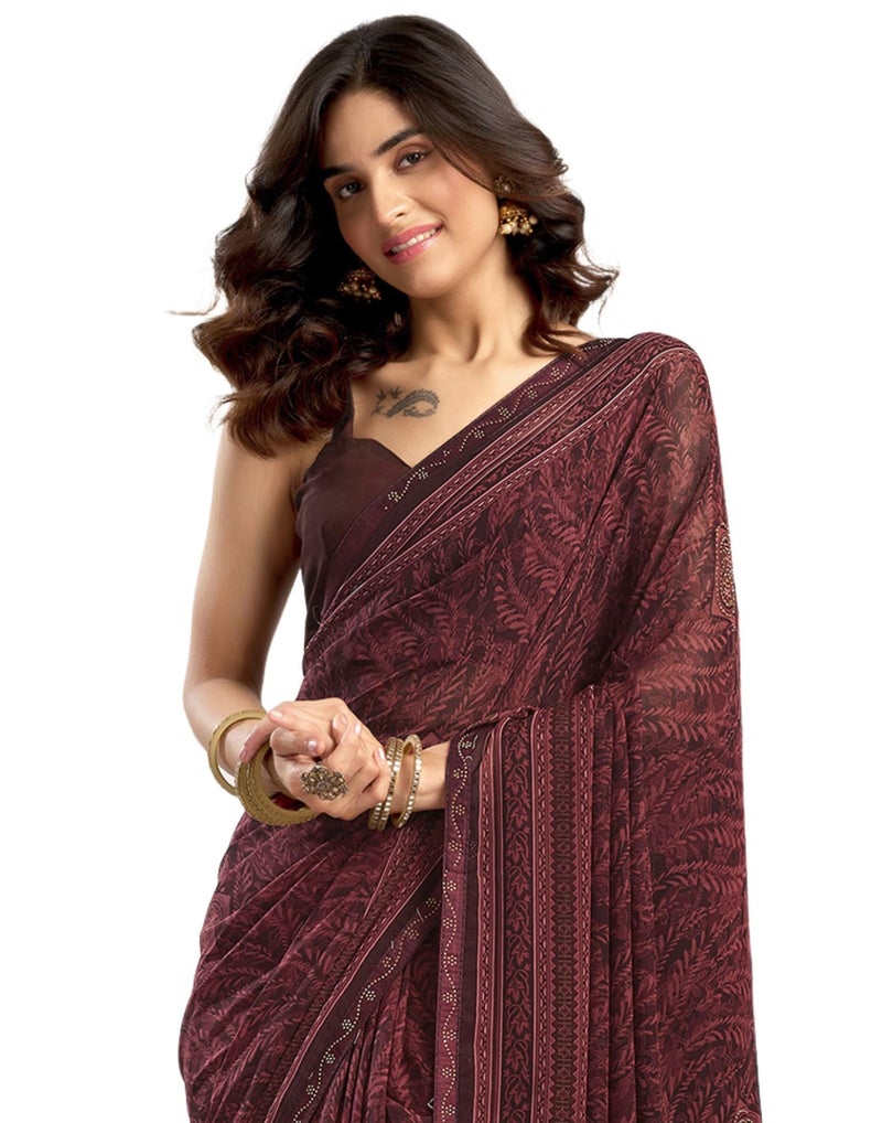 SIRIL Women's Georgette Printed Stone Work Saree with Unstitched Blouse Piece (4561S3296_Maroon) - Image 1