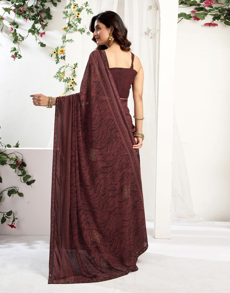 SIRIL Women's Georgette Printed Stone Work Saree with Unstitched Blouse Piece (4561S3296_Maroon) - Image 4