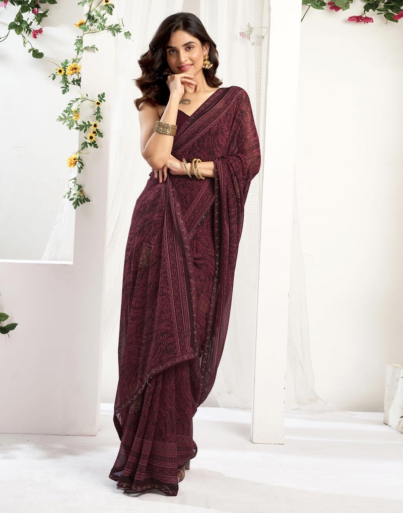 SIRIL Women's Georgette Printed Stone Work Saree with Unstitched Blouse Piece (4561S3296_Maroon) - Image 3