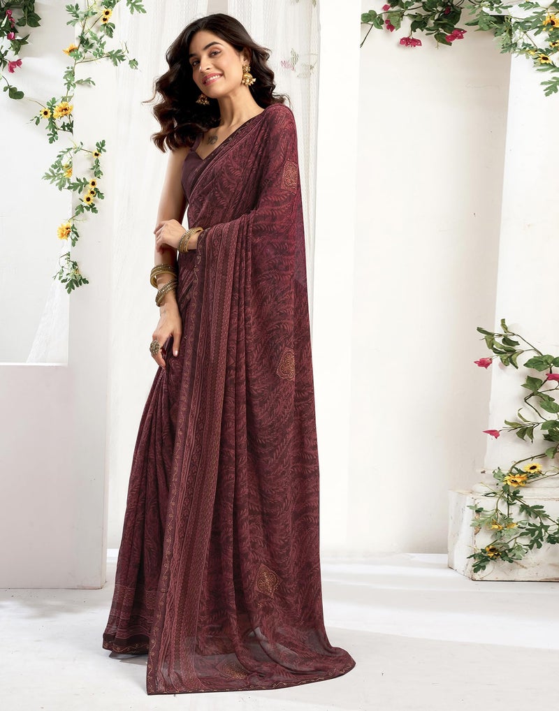 SIRIL Women's Georgette Printed Stone Work Saree with Unstitched Blouse Piece (4561S3296_Maroon) - Image 2