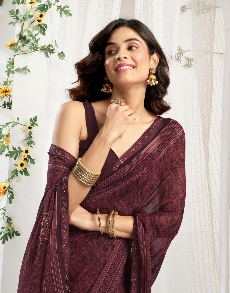 SIRIL Women's Georgette Printed Stone Work Saree with Unstitched Blouse Piece (4561S3296_Maroon) - Image 5