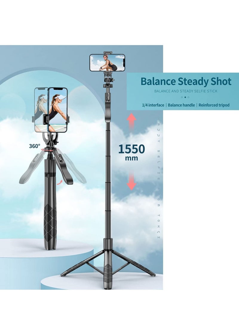 TYCOM - Selfie Stick For Phone Size 4.5-6.2Inch Extendable to 160cm Selfie Stick Tripod with Bluetooth Wireless Remote Phone Holder (L16 Black) - Image 1