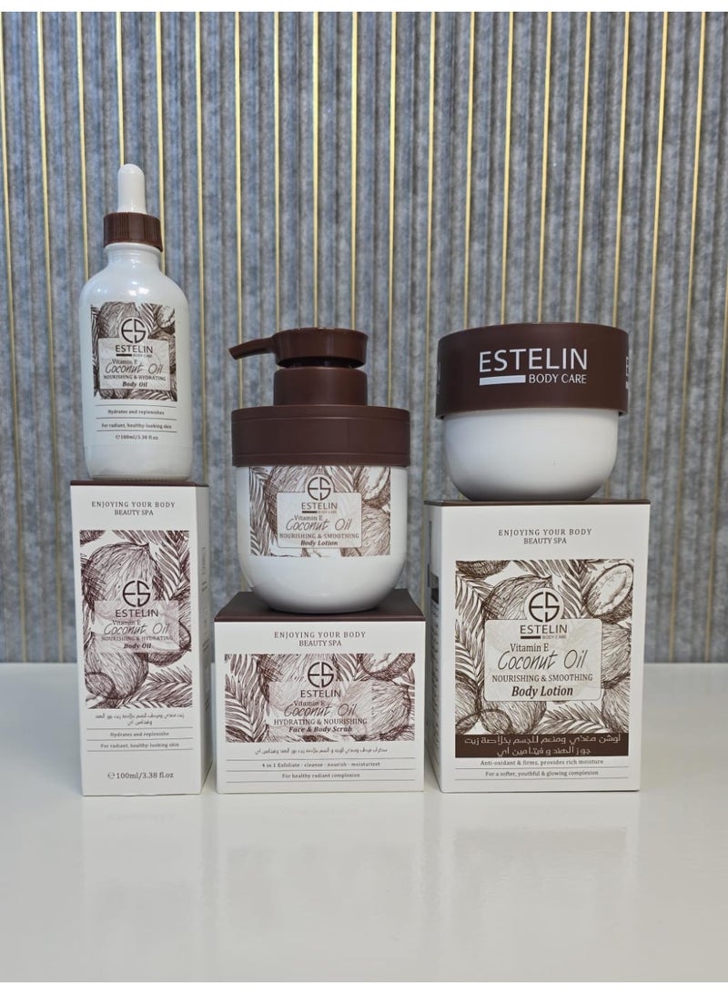 إستيلين مجموعة العناية بالجسم بجوز الهند – 3 قطع (100مل + 300مل + 250مل) لعناية متكاملة وترطيب يدوم - Image 1