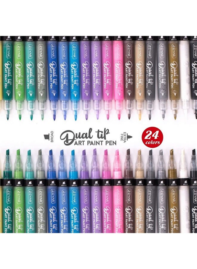 ZEYAR Dual Tip Acrylic Paint Pens 24 Colors, Board and Extra Fine Tips, Patented Product, Water Based Acrylic & Waterproof Ink, Works on Rock, Wood, Glass, Metal, Ceramic and More (24 Colors) - Image 2