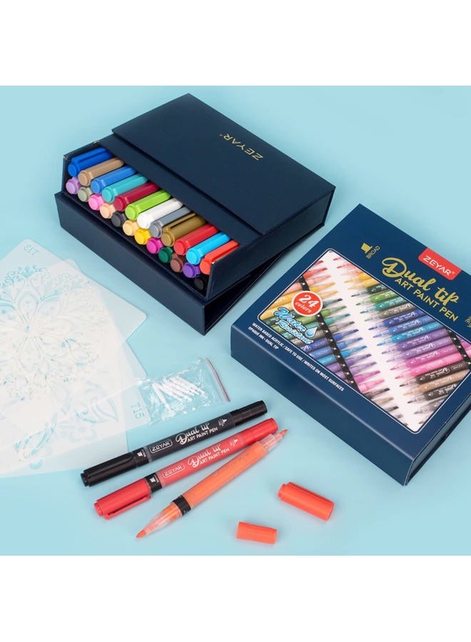 ZEYAR Dual Tip Acrylic Paint Pens 24 Colors, Board and Extra Fine Tips, Patented Product, Water Based Acrylic & Waterproof Ink, Works on Rock, Wood, Glass, Metal, Ceramic and More (24 Colors) - Image 1