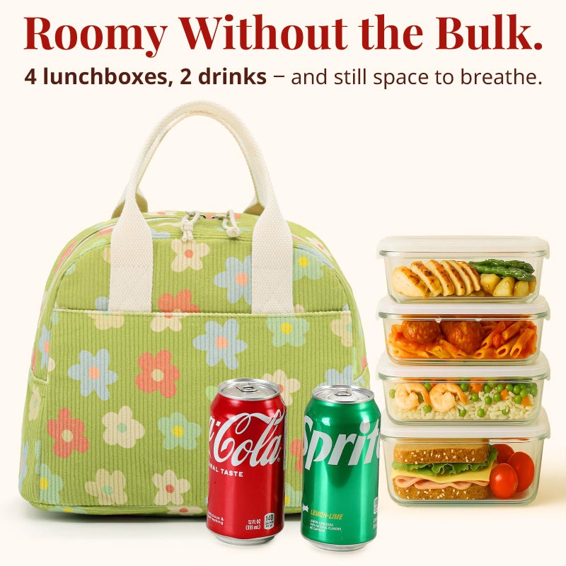 LOVELYWIND Insulated Floral Green Lunch Bag for Women, Corduroy Tote with Aluminum Lining, Large Capacity Reusable Cooler for Work, Travel, Beach or Picnic, Floral Pattern Water-Resistant Lunch Box - Image 2
