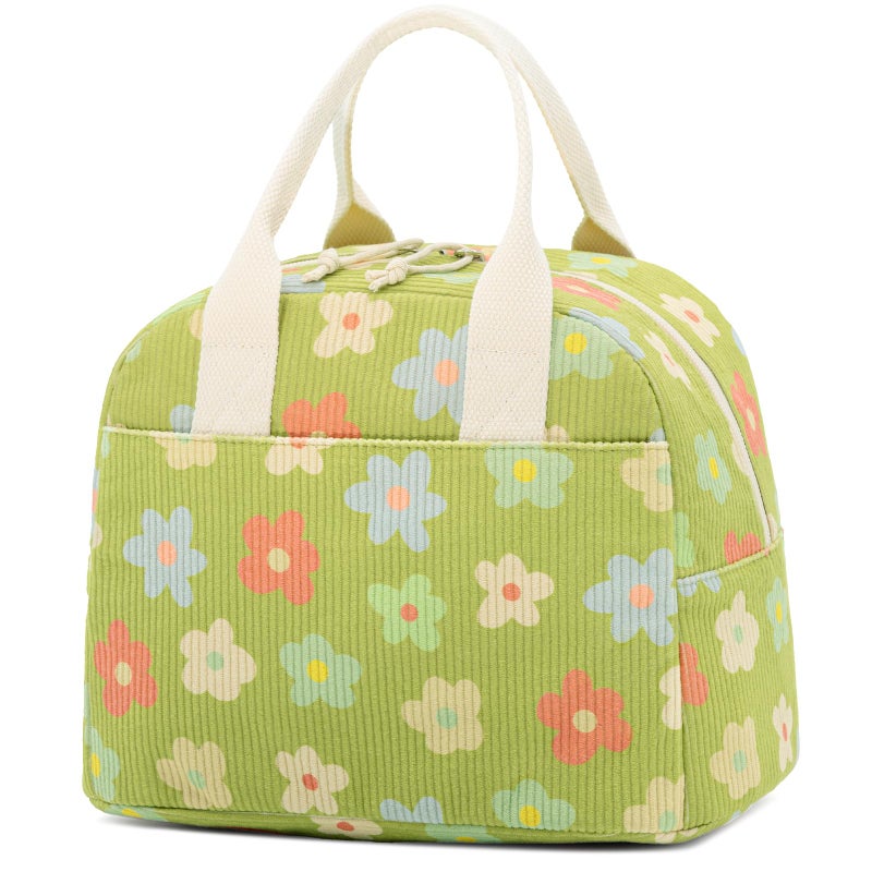 LOVELYWIND Insulated Floral Green Lunch Bag for Women, Corduroy Tote with Aluminum Lining, Large Capacity Reusable Cooler for Work, Travel, Beach or Picnic, Floral Pattern Water-Resistant Lunch Box - Image 1