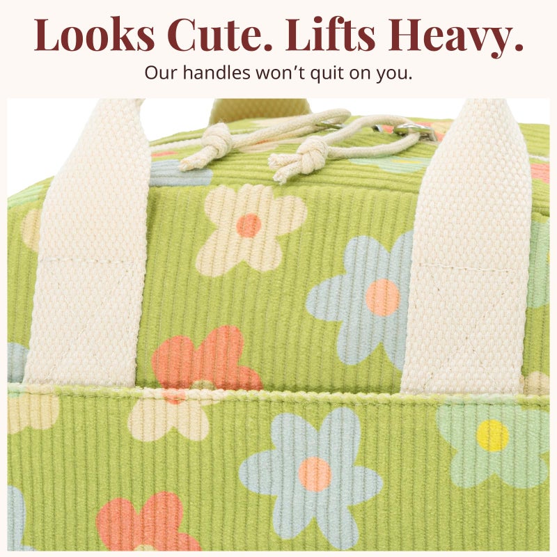 LOVELYWIND Insulated Floral Green Lunch Bag for Women, Corduroy Tote with Aluminum Lining, Large Capacity Reusable Cooler for Work, Travel, Beach or Picnic, Floral Pattern Water-Resistant Lunch Box - Image 5