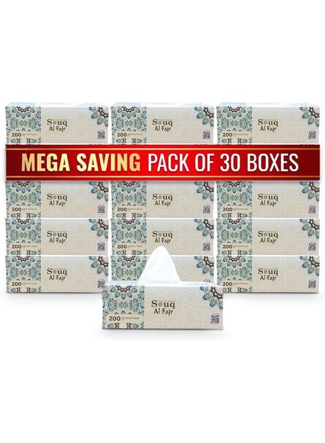 SNH Packing SNH Packing – Pack of 30 Souq Al Fajr Facial Tissue (200 Sheets × 1-Ply), Premium White Tissue | Ultra-Soft, Comfortable, Daily Care | Sterilized for Germ Protection – Ideal for Home & Office Use  - Image 1