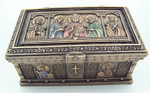 Cold Cast Bronze 4 78 Inch Jesus Christ Saint Peter St Paul Icon Relic Rosary Trinket Box