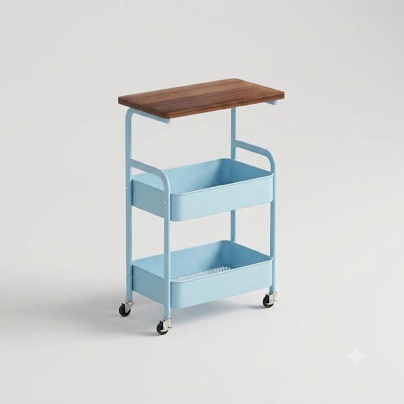 Mobile storage cart with 3 shelves and wooden top, with 2 mesh baskets and wheels for home, kitchen and office