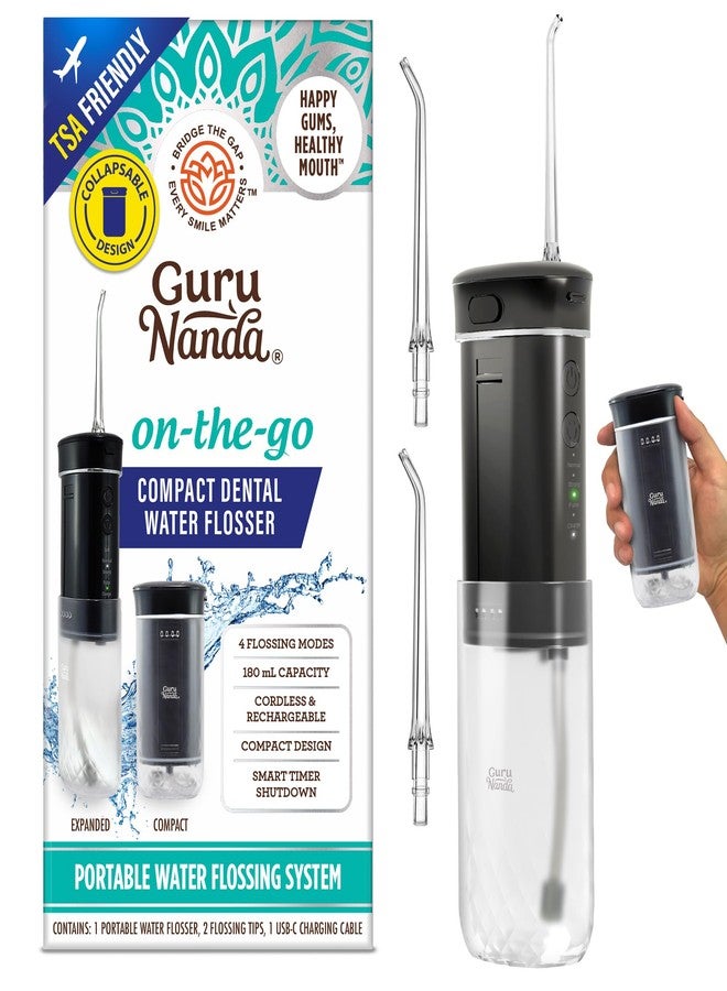 GuruNanda Compact Water Dental Flosser, Portable Travel Size Oral Irrigator Flosser with Collapsible 180 ml Tank, Smart Timer, 4 Flossing Modes, TSA-Approved - Black - Image 1