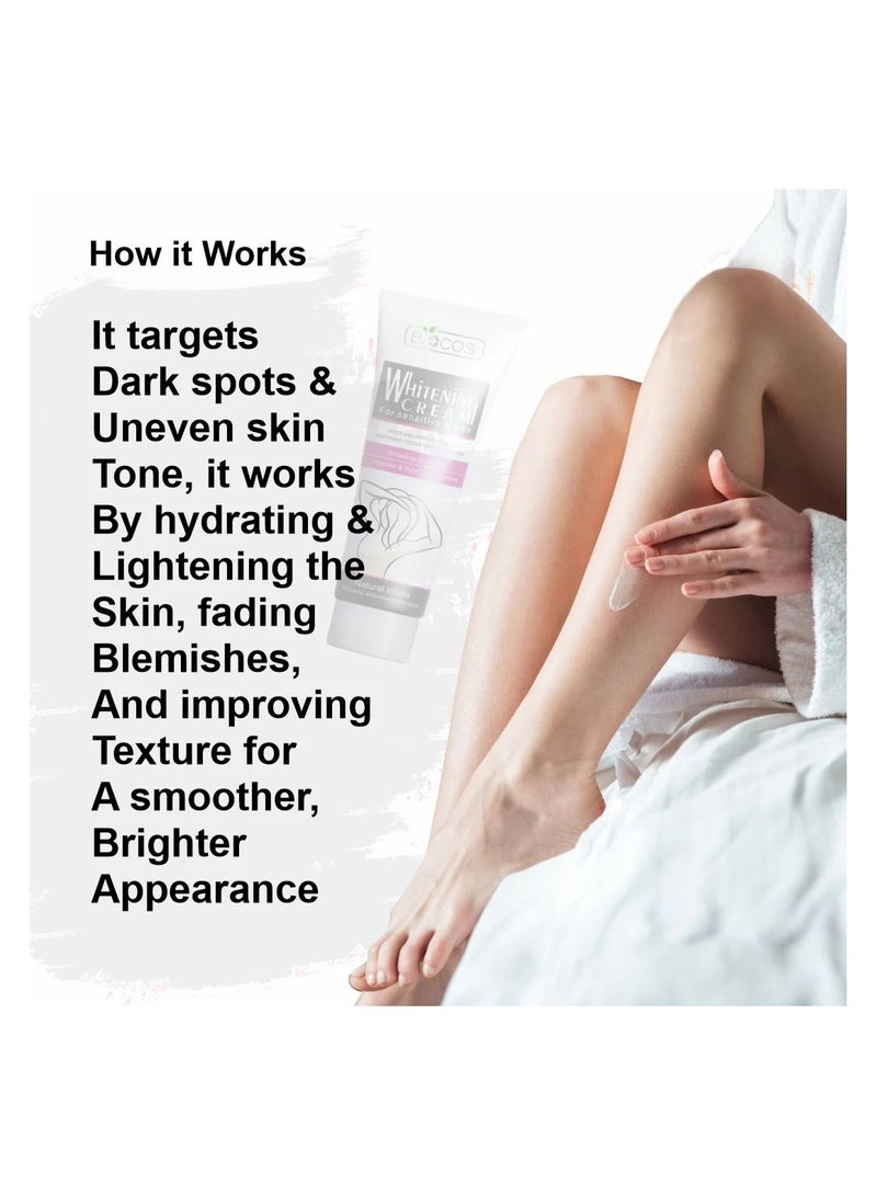 بيوكوس Whitening Cream For Sensitive Areas | Brightening & Hydrating Formula With Collagen, Glycerin & Nano-Titanium Dioxide | Fades Dark Spots, Evens Skin Tone & Nourishes Delicate Skin - 50gm - Image 3