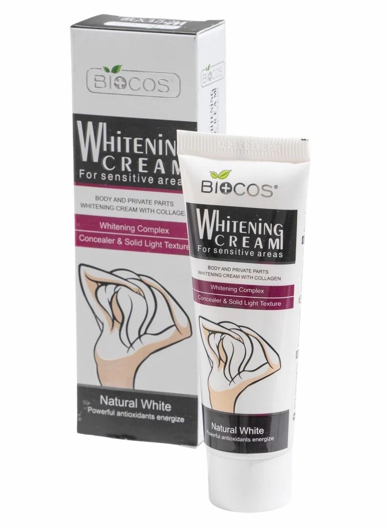 بيوكوس Whitening Cream For Sensitive Areas | Brightening & Hydrating Formula With Collagen, Glycerin & Nano-Titanium Dioxide | Fades Dark Spots, Evens Skin Tone & Nourishes Delicate Skin - 50gm - Image 1