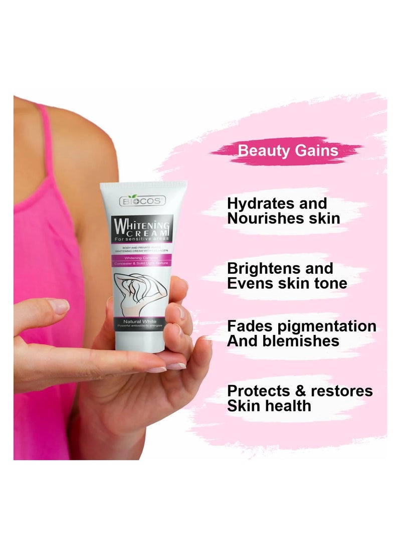 بيوكوس Whitening Cream For Sensitive Areas | Brightening & Hydrating Formula With Collagen, Glycerin & Nano-Titanium Dioxide | Fades Dark Spots, Evens Skin Tone & Nourishes Delicate Skin - 50gm - Image 2
