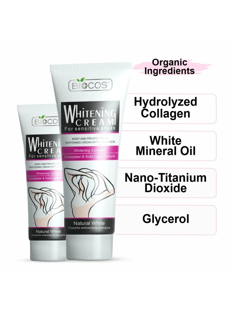 بيوكوس Whitening Cream For Sensitive Areas | Brightening & Hydrating Formula With Collagen, Glycerin & Nano-Titanium Dioxide | Fades Dark Spots, Evens Skin Tone & Nourishes Delicate Skin - 50gm - Image 4