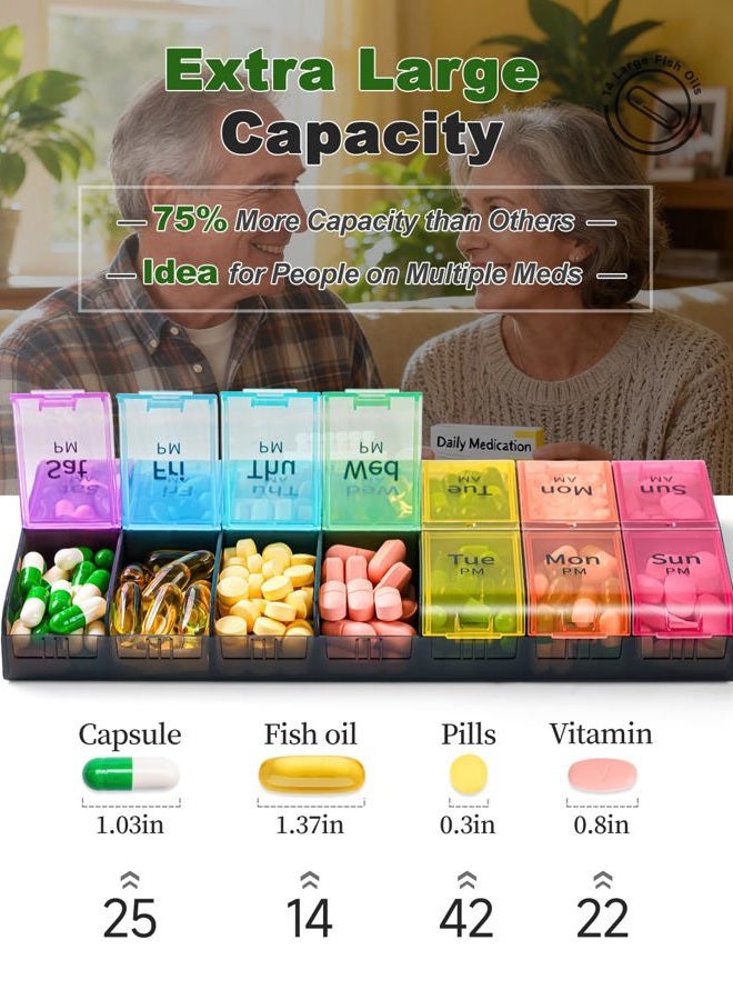 COLORWING Extra Large Pill Container 2 Times a Day, Weekly XL AM PM Pill Case, 7 Day Pill Box Twice a Day, Big Oversized Daily Medicine Organizer for Vitamins, Medication Dispenser (Rainbow) - Image 2