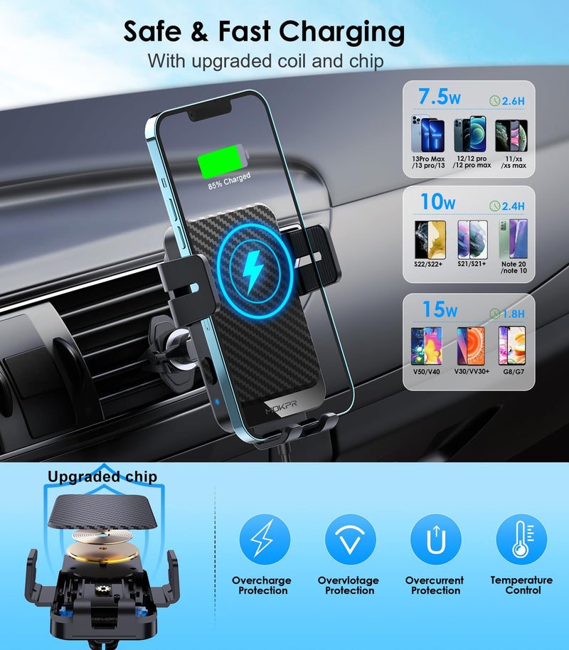 MOKPR Wireless Car Charger, 15W Fast Charging Auto-Clamping Car Charger Phone Mount Air Vent Cell Phone Holder Compatible iPhone 16/15/14/13/13 Pro/12 pro/12/11, Samsung Galaxy S23/S22/S21/S20, etc - Image 2