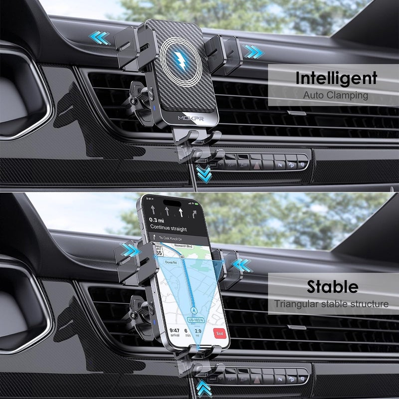 MOKPR Wireless Car Charger, 15W Fast Charging Auto-Clamping Car Charger Phone Mount Air Vent Cell Phone Holder Compatible iPhone 16/15/14/13/13 Pro/12 pro/12/11, Samsung Galaxy S23/S22/S21/S20, etc - Image 3