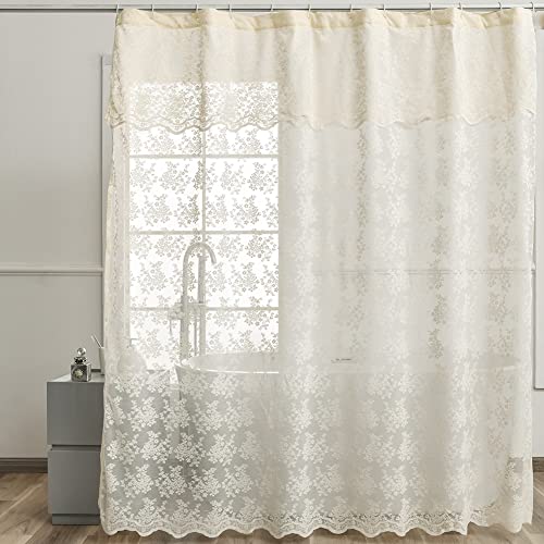 YJ YANJUN Ivory Lace Shower Curtain - Shabby Chic Flower Shower Curtain with Attached Valance, Luxury Lace Curtain for Bathroom, Farmhouse Shower Curtains, 72 x 72 Inch, Light Beige - Image 1