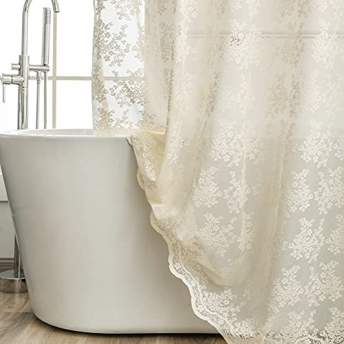 YJ YANJUN Ivory Lace Shower Curtain - Shabby Chic Flower Shower Curtain with Attached Valance, Luxury Lace Curtain for Bathroom, Farmhouse Shower Curtains, 72 x 72 Inch, Light Beige - Image 4