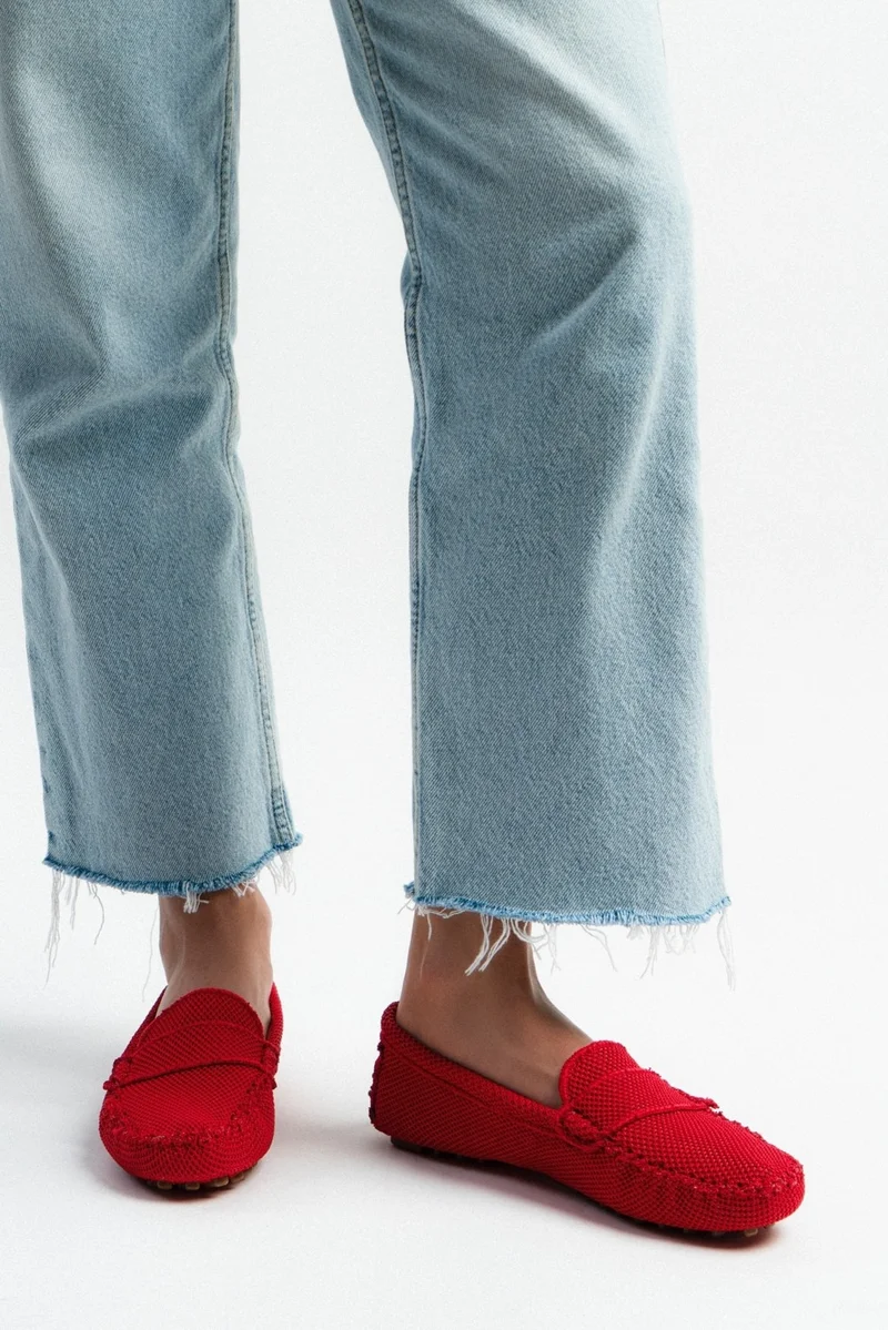 Nişantaşı Shoes Astoria Red Knitwear Inner Leather Flat Sole Women's Flat Shoes