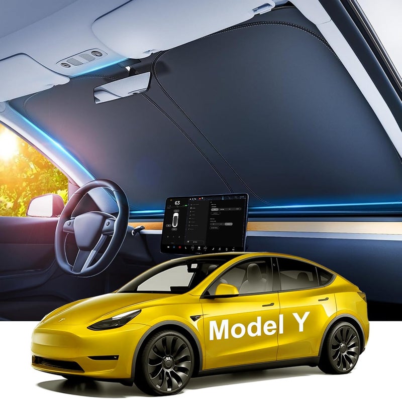 Tussgey 2024 New Version Tesla Model Y Sunshade Windshield Accessories【OEM Fit, Sun Blockage】 Heat Insulation Keep Cooling Foldable Light-Tight Front Window Sunshade for Model Y with Reinforced Velcro Strap - Image 1