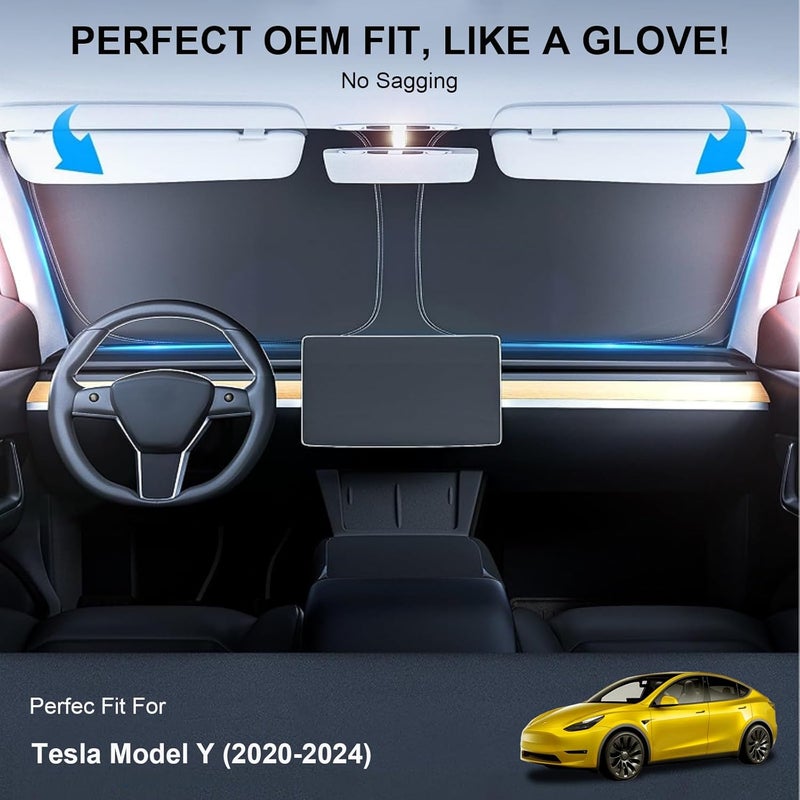 Tussgey 2024 New Version Tesla Model Y Sunshade Windshield Accessories【OEM Fit, Sun Blockage】 Heat Insulation Keep Cooling Foldable Light-Tight Front Window Sunshade for Model Y with Reinforced Velcro Strap - Image 3
