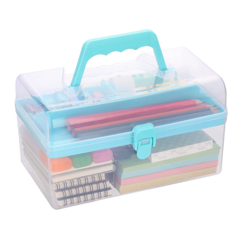 BTSKY Multipurpose Plastic Craft Storage Containers with Removable Tray, Clear Plastic Storage Box with Lid & Handle, Easy Carry & Stack Small Storage Container, 8.5x5x4.9 Inch, Rectangle-Blue - Image 1