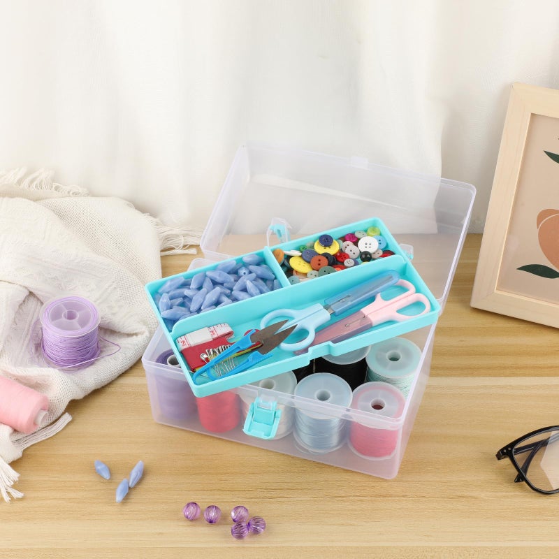 BTSKY Multipurpose Plastic Craft Storage Containers with Removable Tray, Clear Plastic Storage Box with Lid & Handle, Easy Carry & Stack Small Storage Container, 8.5x5x4.9 Inch, Rectangle-Blue - Image 5