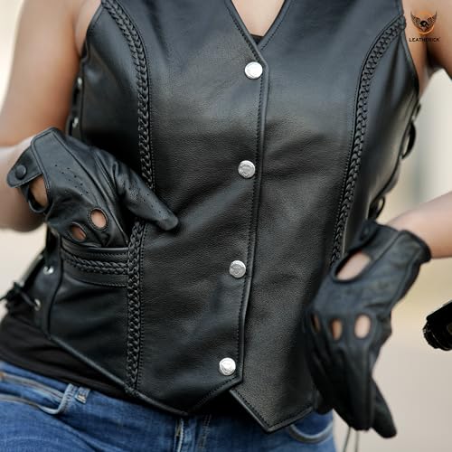 Leatherick Women Top Grain Genuine Buffalo Black Ladies Leather Vests for Motorcycle Bikers (as1, alpha, l, regular, regular, Black (With Braid), L) - Image 2