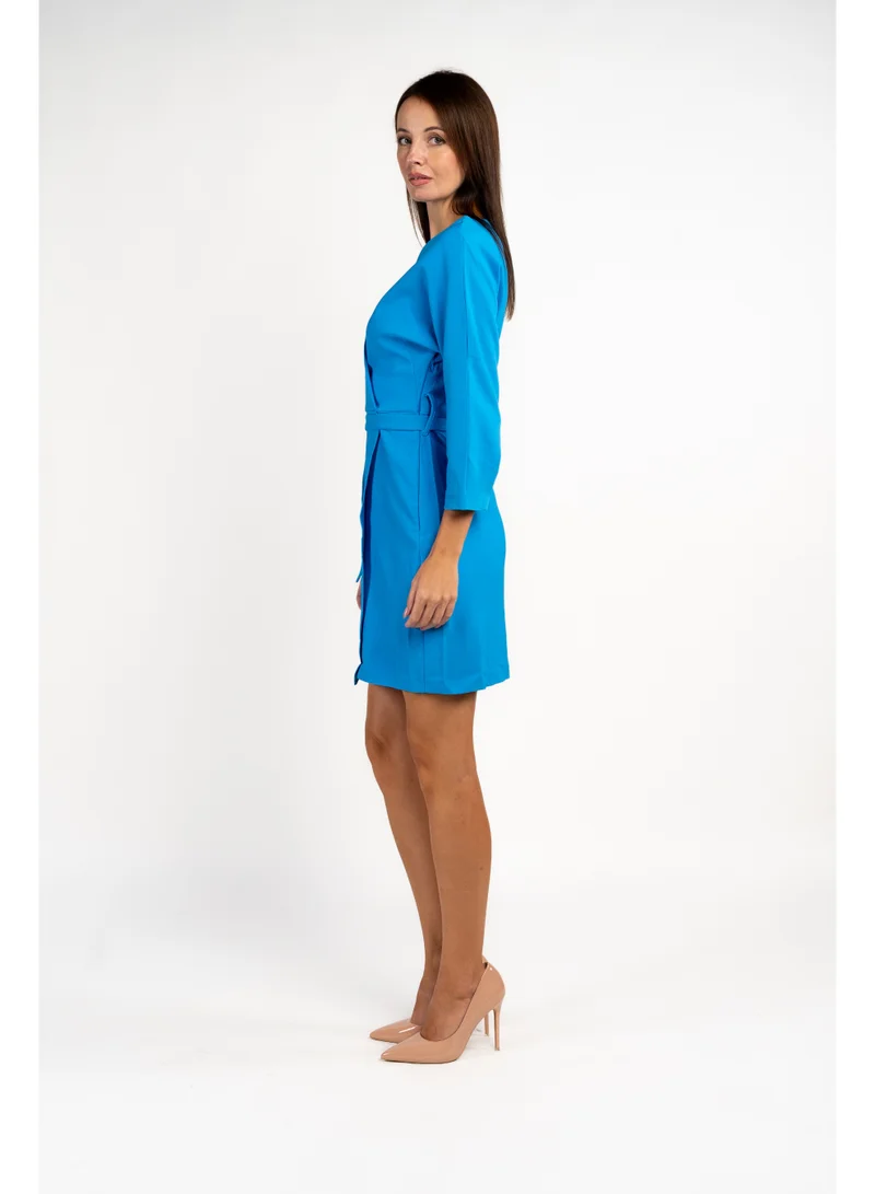 Fashonara  Long Sleeved Turquoise Blue Short Dress for Women | Best Price UAE
