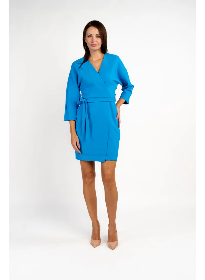 Fashonara  Long Sleeved Turquoise Blue Short Dress for Women | Best Price UAE