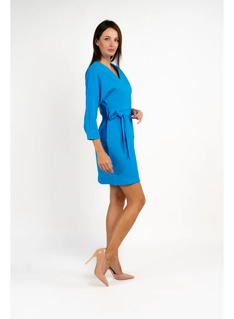 Fashonara  Long Sleeved Turquoise Blue Short Dress for Women | Best Price UAE