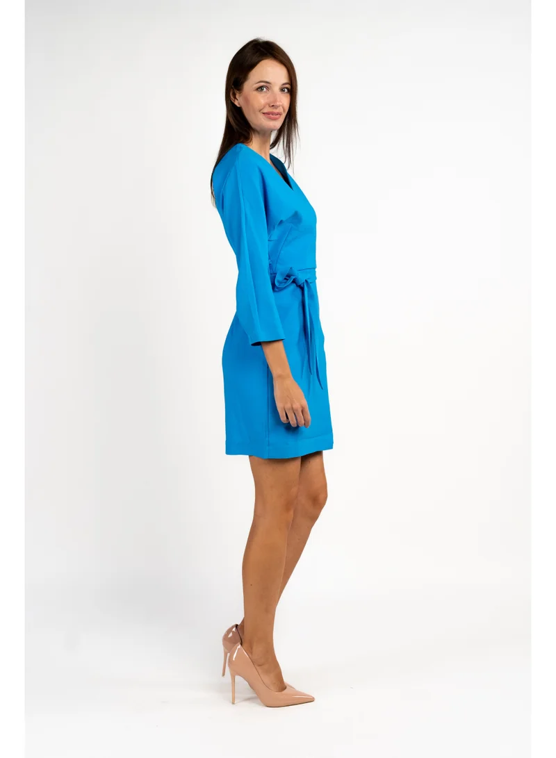 Fashonara  Long Sleeved Turquoise Blue Short Dress for Women | Best Price UAE