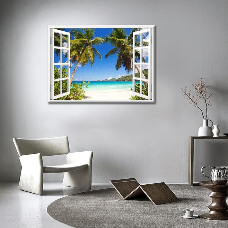 TISHIRON 3D Window Effect Canvas Art Wall Framed Modern Home Decor Beach Coconut Tree View Pictures for Home Living Room Dining Room Wall Decor Posters Prints Ready to Hang - 36" W x 24" H - Image 4