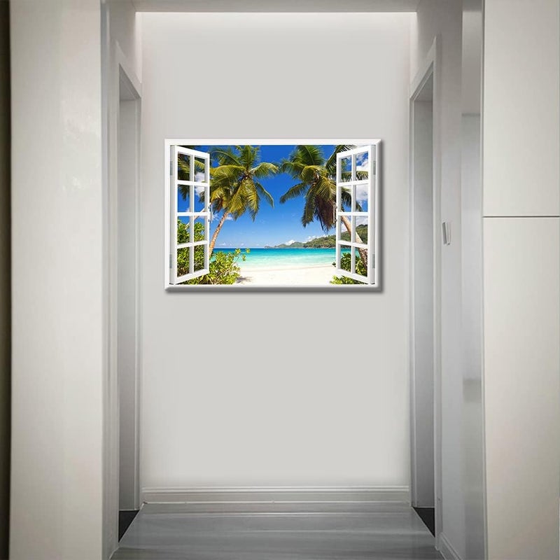 TISHIRON 3D Window Effect Canvas Art Wall Framed Modern Home Decor Beach Coconut Tree View Pictures for Home Living Room Dining Room Wall Decor Posters Prints Ready to Hang - 36" W x 24" H - Image 2