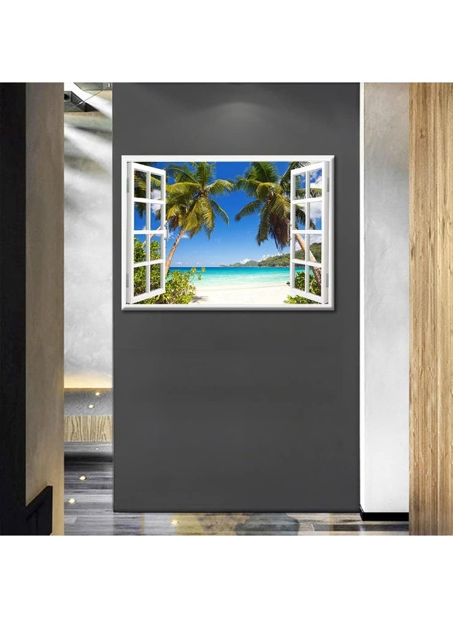 TISHIRON 3D Window Effect Canvas Art Wall Framed Modern Home Decor Beach Coconut Tree View Pictures for Home Living Room Dining Room Wall Decor Posters Prints Ready to Hang - 36" W x 24" H - Image 3