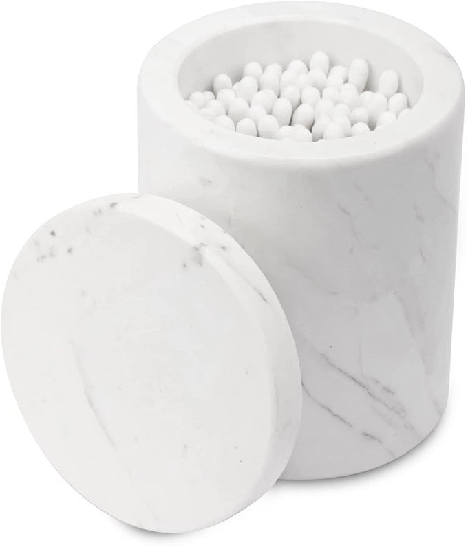 MARBLE CANISTER WITH LID NATURAL QTIP HOLDER FOR COTTON SWABS BALLS PADS FLOSS PICKS BATH SALTS VANITY MAKEUP STORAGE ORGANIZER BATHROOM ESSENTIALS ACCESSORIES DECOR WHITE DL011