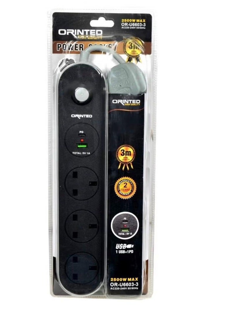 توصيلة كهرباء بثلاثة منافذ قوية ومتينة بقوة 2500 واط مع مدخل USB و BD بطول 3 أمتار - Image 4
