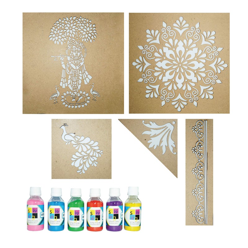 SWAGSTATION Mandala Big Size Rangoli Making Tools Kit, Rangoli Stencils Big Size - Set of 5 Stencil, 6 Rangoli Powder Colors Bottles- Multicolour - Image 2