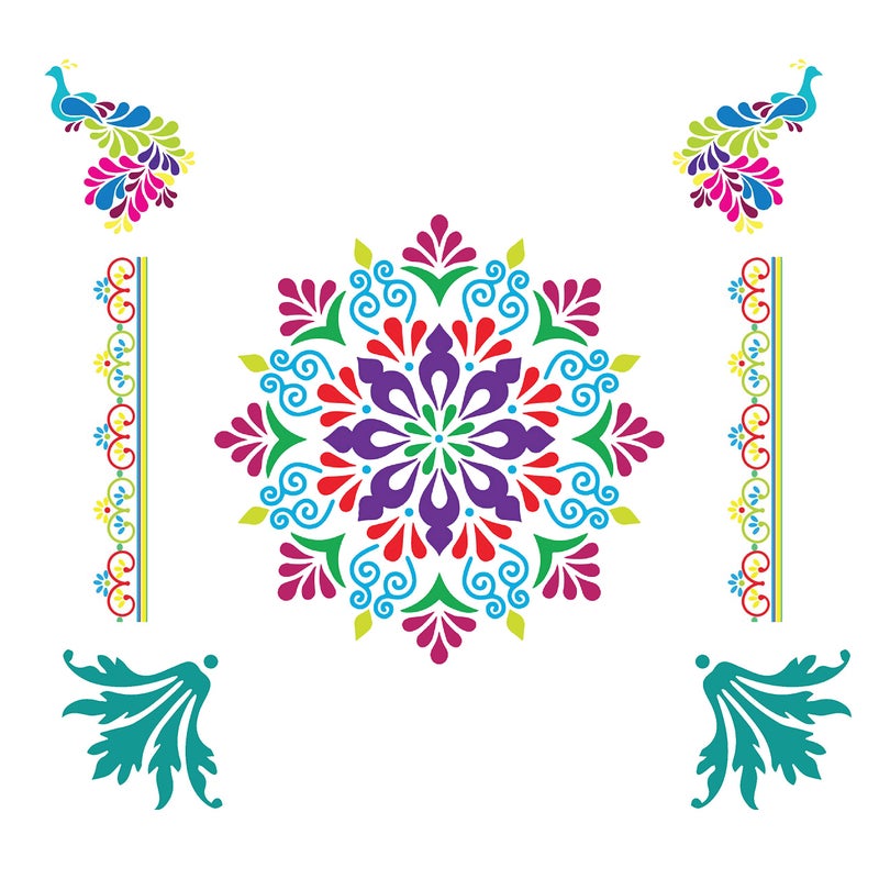 SWAGSTATION Mandala Big Size Rangoli Making Tools Kit, Rangoli Stencils Big Size - Set of 5 Stencil, 6 Rangoli Powder Colors Bottles- Multicolour - Image 5