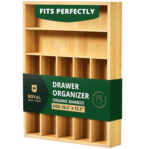 Royal Craft Wood ROYAL CRAFT WOOD Luxury Bamboo Utensil Rack and Silverware Organizer Kitchen Drawer Organizer  Utensil Holder and Cutlery Tray with Grooved Drawer Dividers for Flatware 7 Slot Natural 