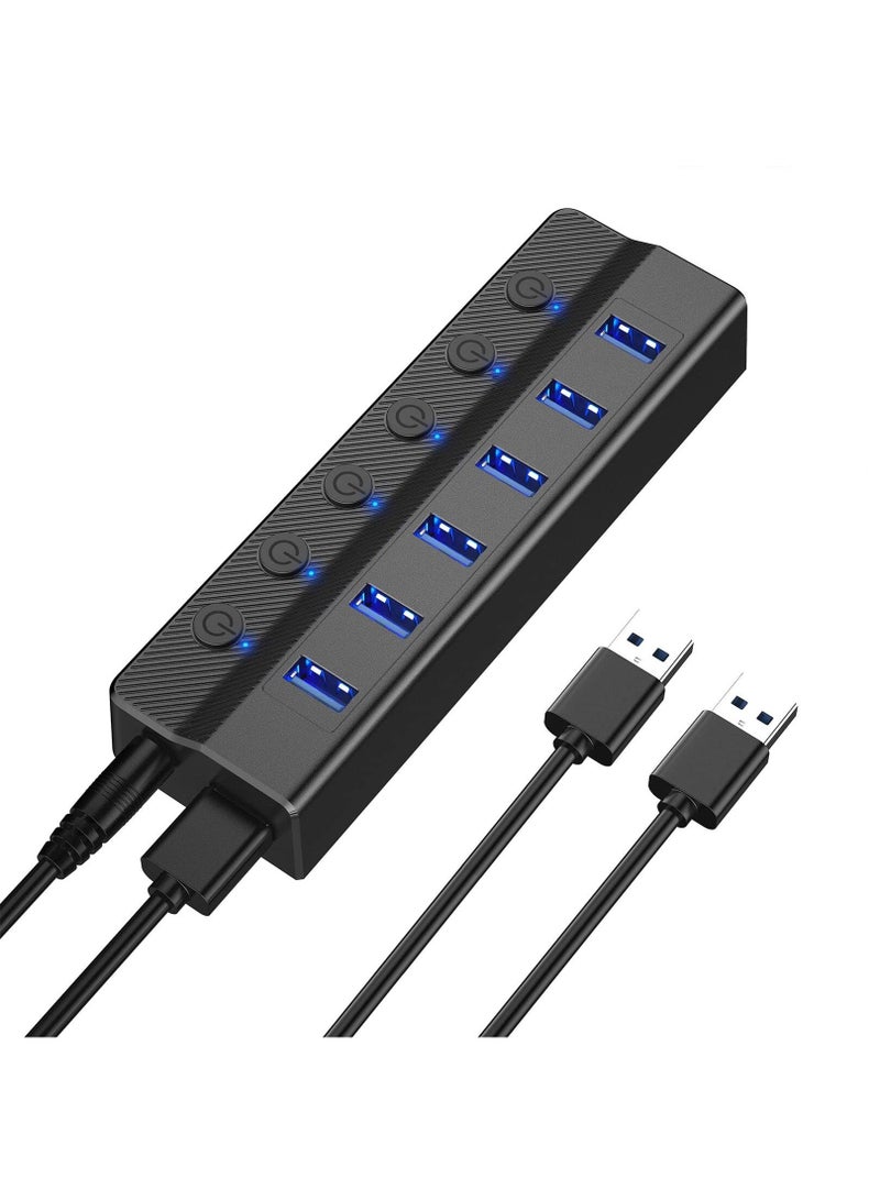 6-Port USB 3.0 Hub, USB Splitter for Laptop with Individual On/Off Switches and Light, 3ft Long Cord, USB Port Hub Extension for PC and Computer【Multiple USB Port】 6 USB data transfer ports make it ve - Image 1