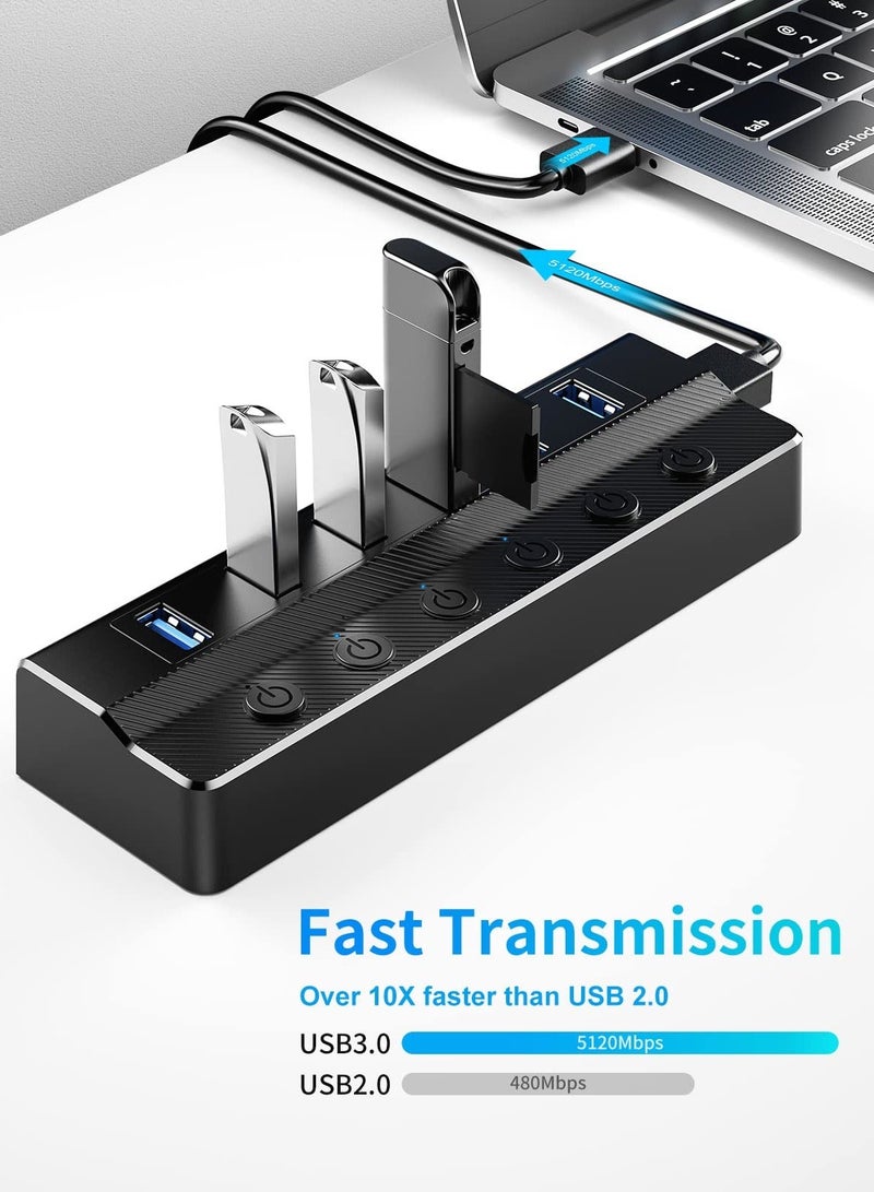 6-Port USB 3.0 Hub, USB Splitter for Laptop with Individual On/Off Switches and Light, 3ft Long Cord, USB Port Hub Extension for PC and Computer【Multiple USB Port】 6 USB data transfer ports make it ve - Image 3