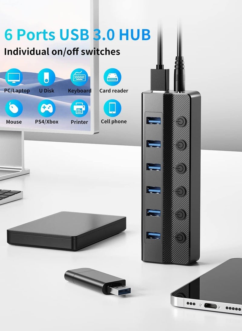 6-Port USB 3.0 Hub, USB Splitter for Laptop with Individual On/Off Switches and Light, 3ft Long Cord, USB Port Hub Extension for PC and Computer【Multiple USB Port】 6 USB data transfer ports make it ve - Image 2