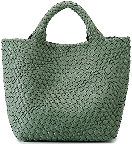 Queenoris Woven Bag for Women Vegan Leather Tote Bag Large Summer Beach Travel Handbag and Purse Retro Handmade Shoulder Bag Bean Green